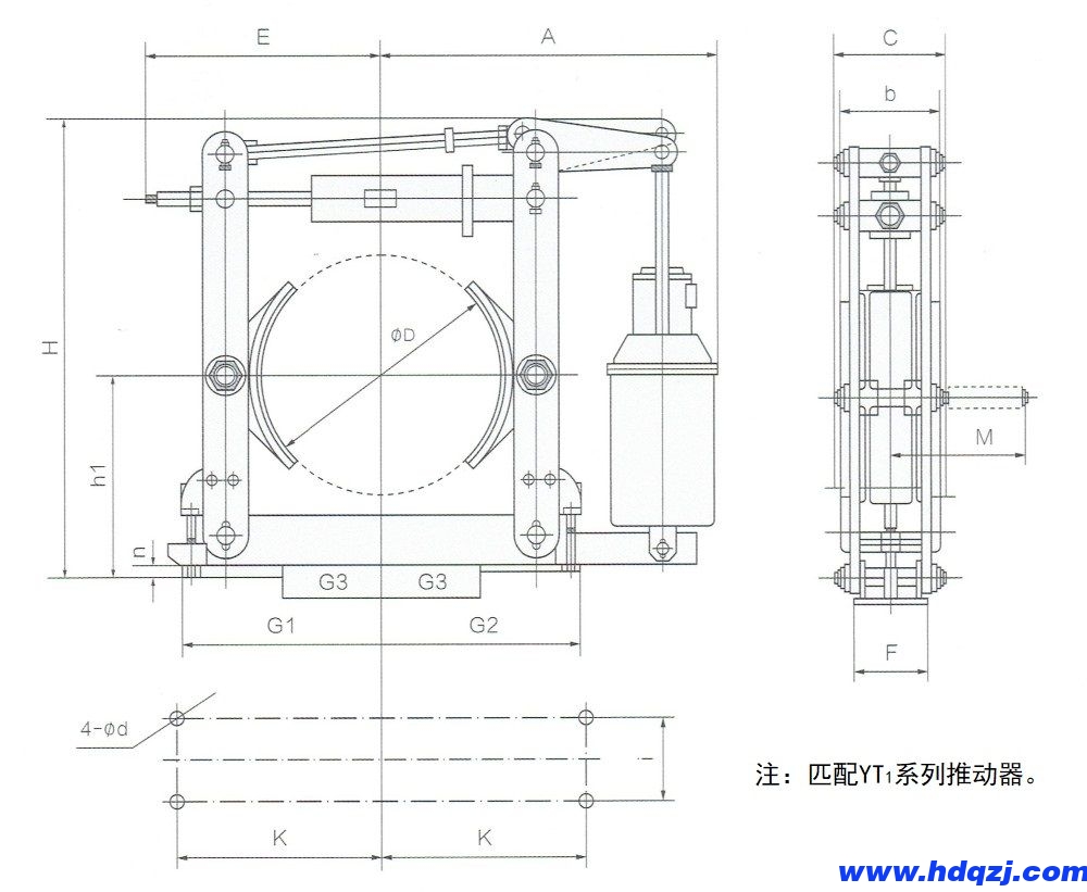 YWZ(B)電力液壓鼓式制動器外形尺寸圖 YWZ(B)電力液壓鼓式制動器外形尺寸圖