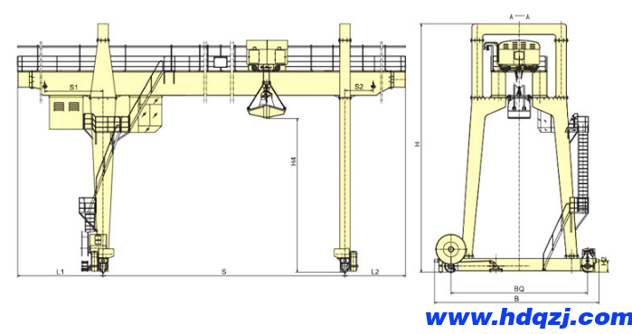 雙梁抓斗門式起重機結構簡圖 雙梁抓斗門式起重機結構簡圖